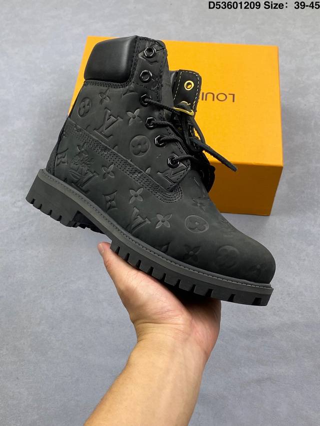 Company-grade Timberland high-top combat boots, Louis Vuitton x Trainer Sneaker