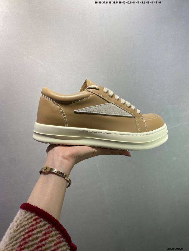 Company Grade Rick Owens Hollywood Calfskin Round Toe Lace-up Low-top Sneakers