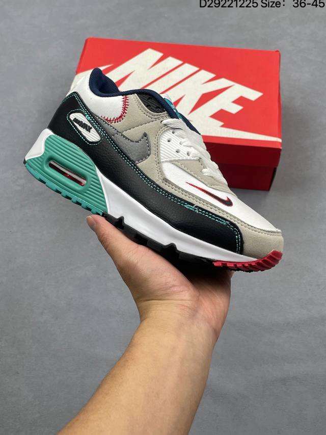 Nike Air Max 90 Classic Retro Cushioned Running Shoes. The upper is made of lea