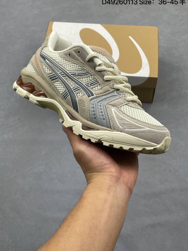 This is a factory-grade Asics Gel-Kayano 14 outdoor trail running shoe featurin