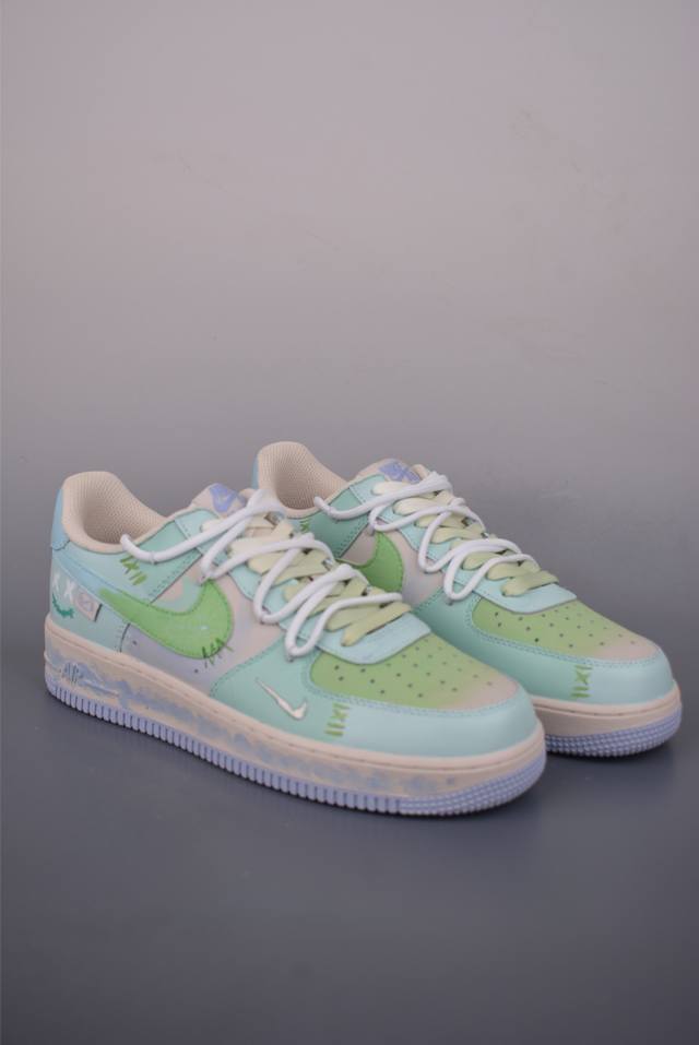 Nike Air Force 1 Low with Mint Design and Deconstructed Straps. Made with origi