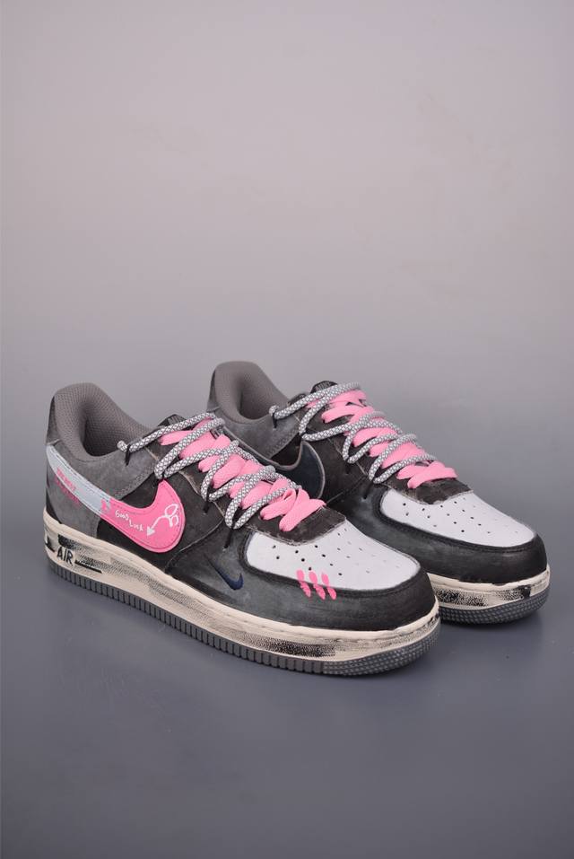 Nike Air Force 1 Low, Hand-painted Grey-Pink Deconstructed Straps, Original Las