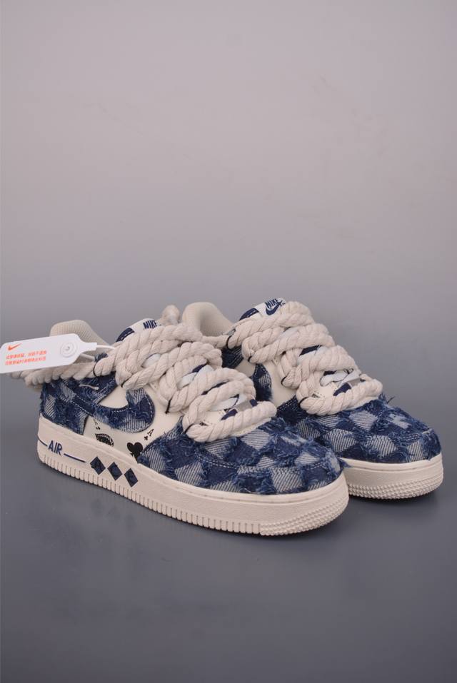 Nike Air Force 1 Low, Deconstructed with Poker Denim Lace-up Design. Made with o