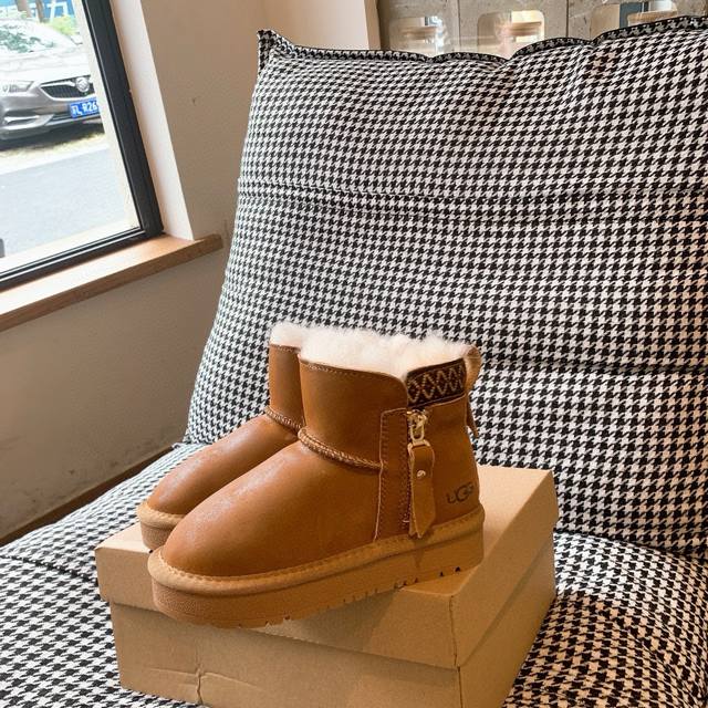 Ugg Ethnic Style Waterproof Leather Zipper Children's Shoes, Shearling-lined Sno